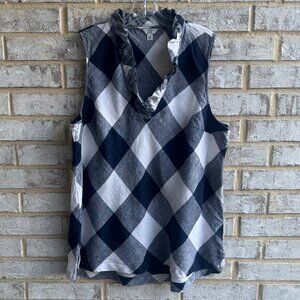 Crown & Ivy Sleeveless Ruffled V-Neck 100% Linen Plaid Blouse Women's Size XXL